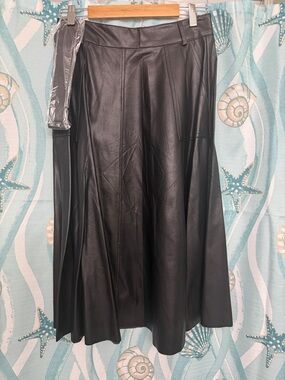Black Faux Leather A-Line Midi Skirt